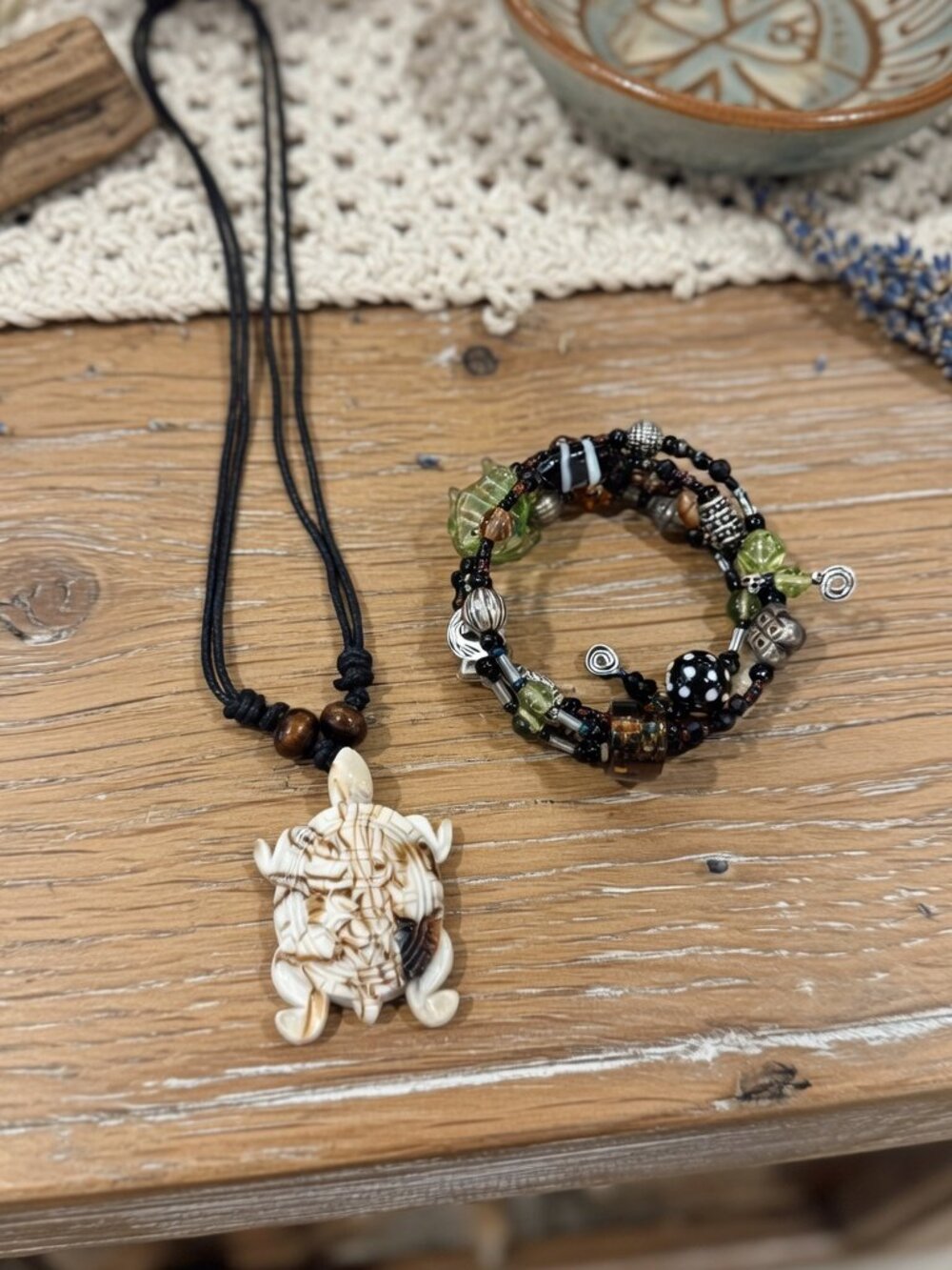 Boho Sea Turtle Pendant Cord Necklace & Multi-Way Beaded Wrap Bracelet Set